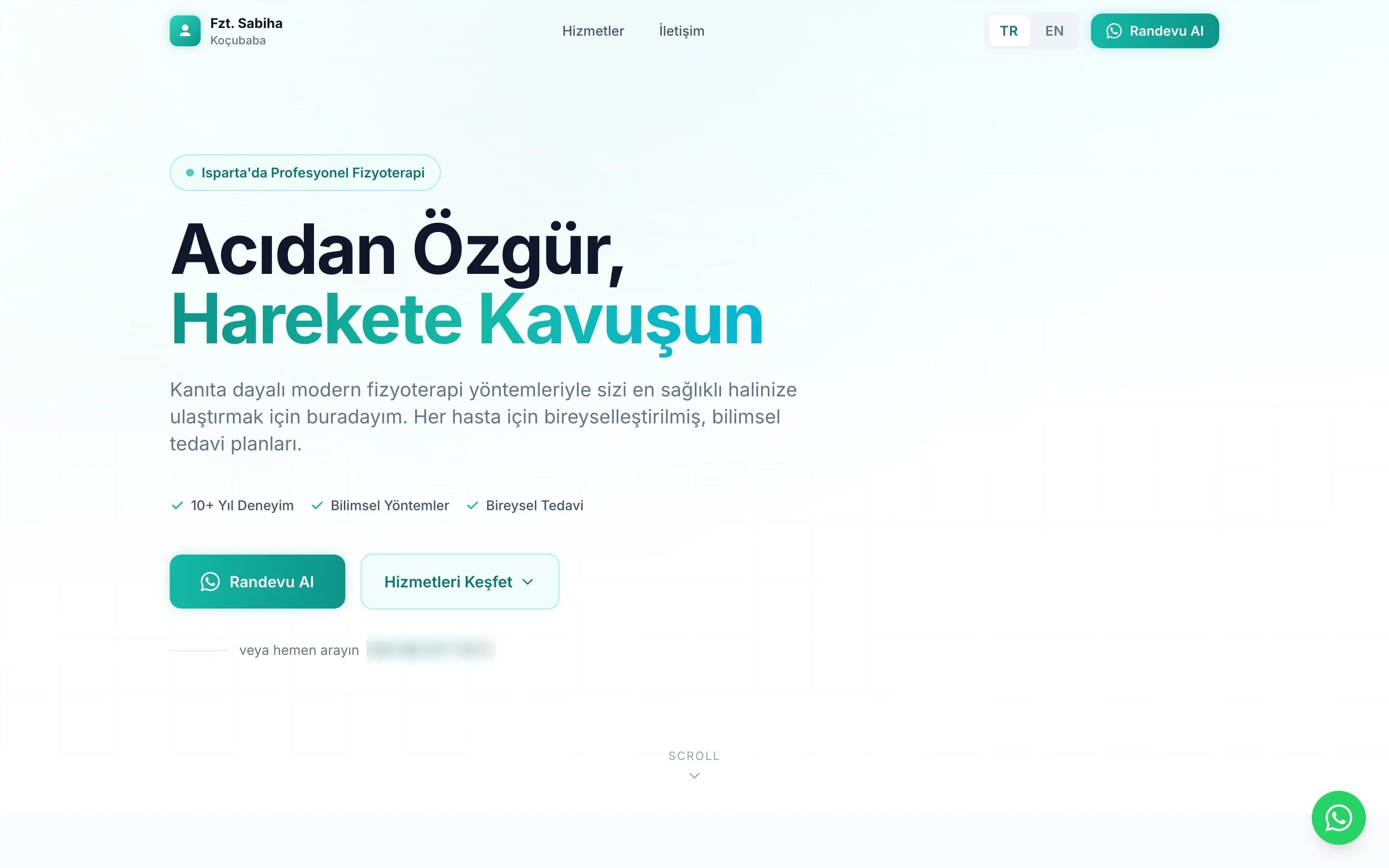 Fzt. Sabiha Koçubaba physiotherapy clinic website, home page on desktop