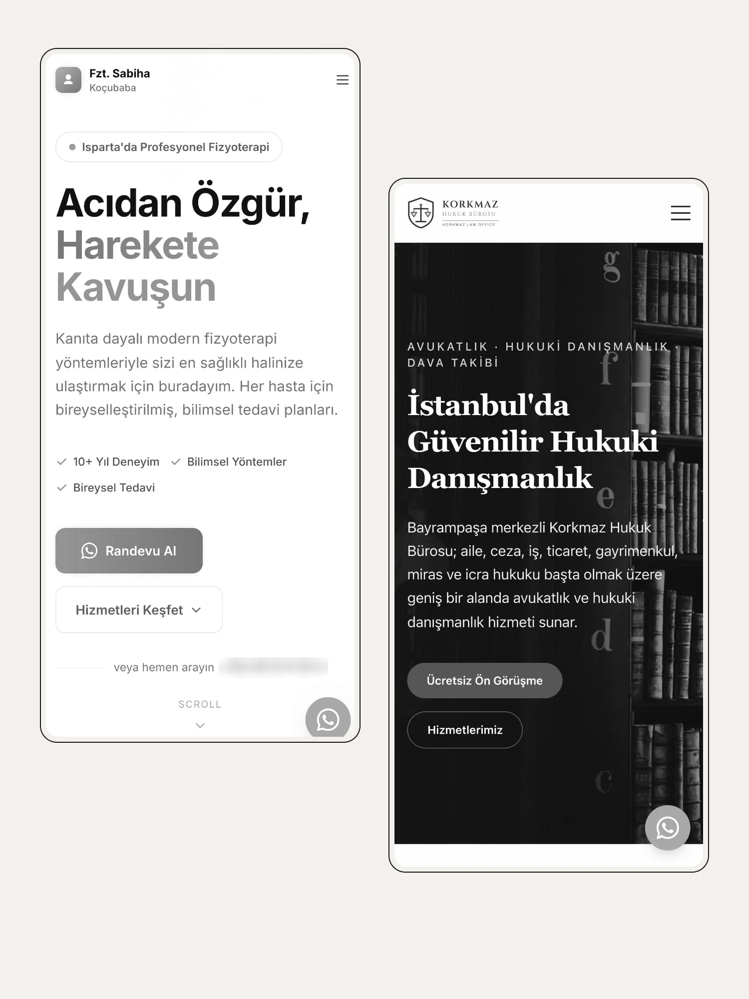 Two client websites on phones, in black and white