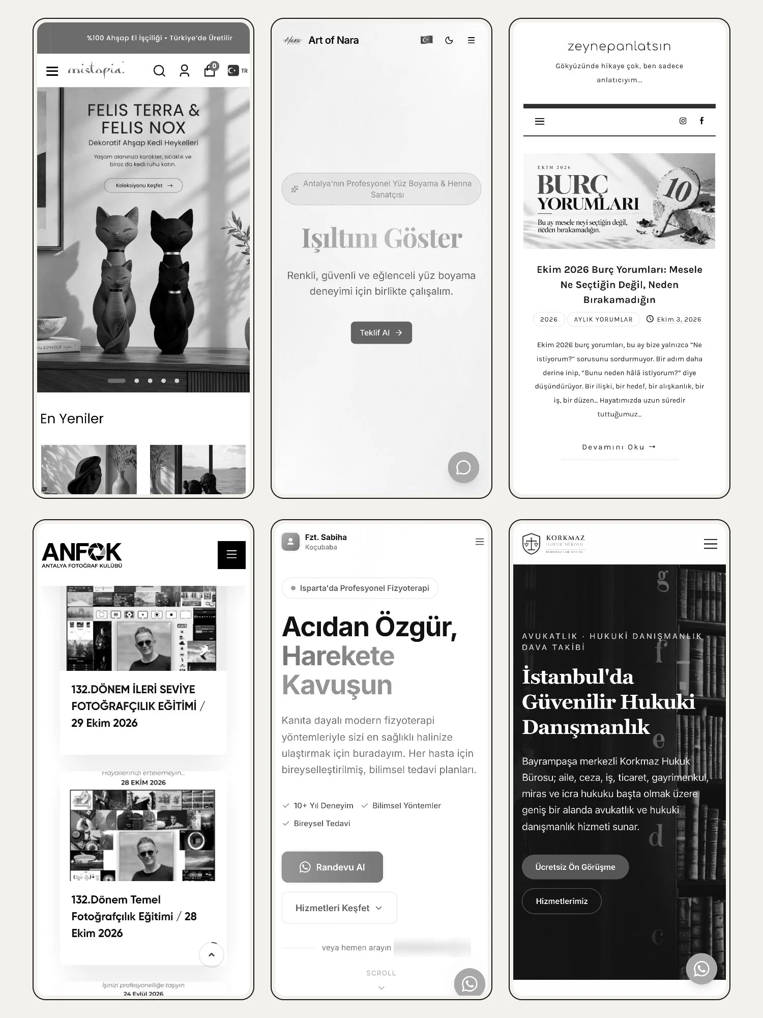 Six client websites on phones, arranged on a grid in black and white